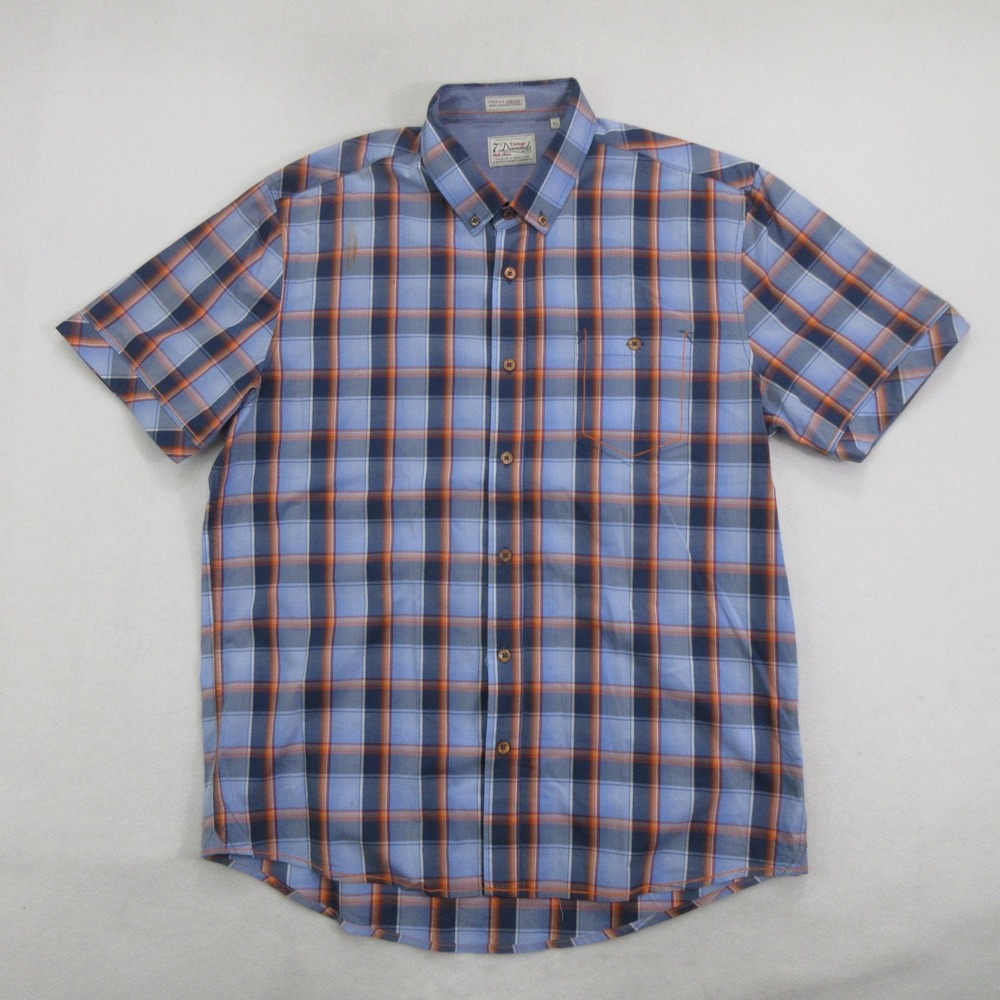 7 Diamonds Men Shirt XL Psychedelic Ranger Plaid Short Sleeve Button Down Blue